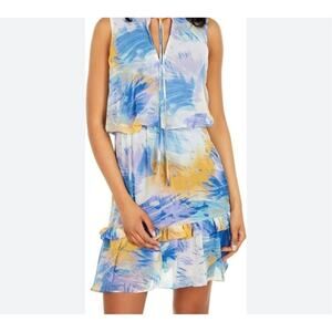 Laundry by Shelli Segal Tie Neck Blue Multicolor Watercolor Blouson Dress S4